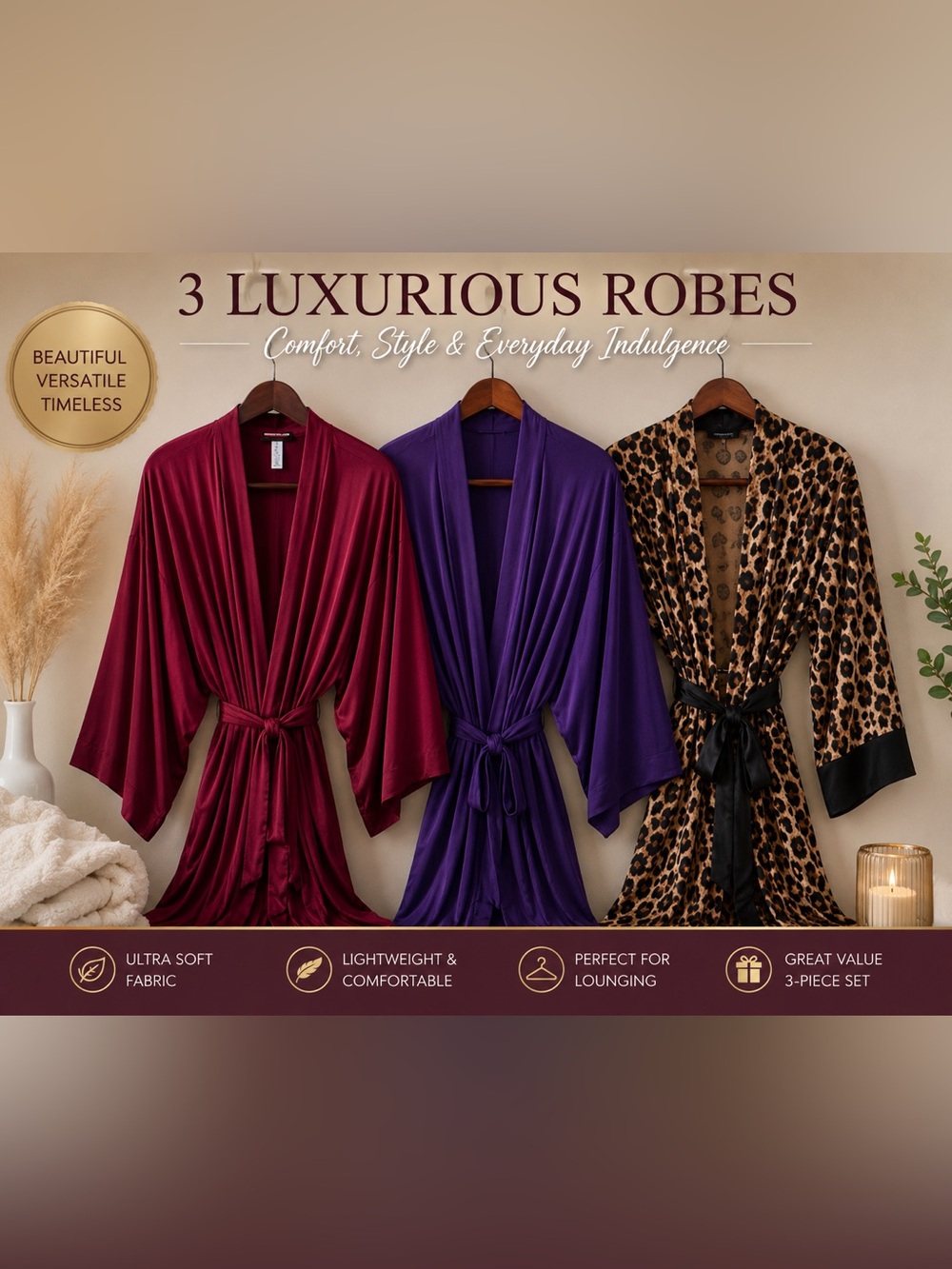 Luxurious Velvet Robe Set - Burgundy, Purple & Leopard - Unbranded